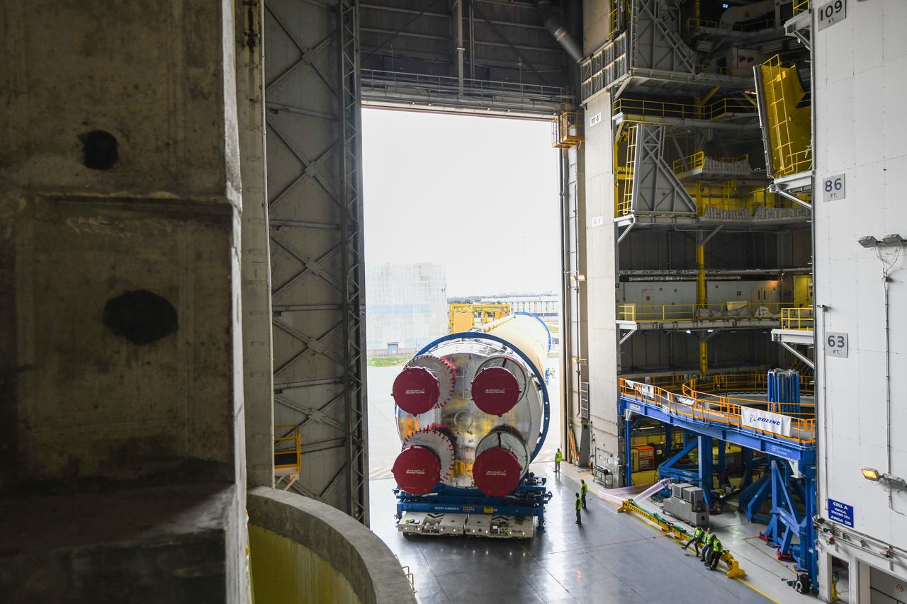These images show how teams at NASA’s Michoud Assembly Facility in New Orleans moved the core stage, complete with all four RS-25 engines, for NASA’s Space Launch System (SLS) rocket to Building 110 for final shipping preparations on Jan. 1. The SLS core stage includes state-of-the-art avionics, propulsion systems and two colossal propellant tanks that collectively hold 733,000 gallons of liquid oxygen and liquid hydrogen to power its four RS-25 engines. The completed stage, which will provide more than 2 million pounds of thrust to help power the first Artemis mission to the Moon, will be shipped via the agency’s Pegasus barge from Michoud to NASA’s Stennis Space Center near Bay St. Louis, Mississippi, later this month. Once at Stennis, the Artemis rocket stage will be loaded into the B-2 Test Stand for the core stage Green Run test series. The comprehensive test campaign will progressively bring the entire core stage, including its avionics and engines, to life for the first time to verify the stage is fit for flight ahead of the launch of Artemis I.